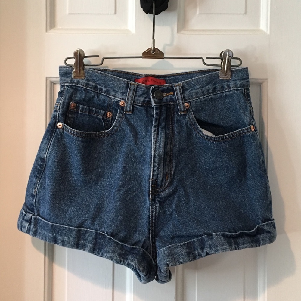 High rise dark wash cuffed denim shorts